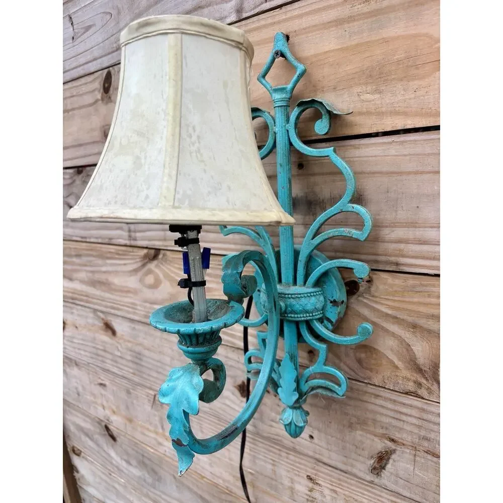 Antique Wall Sconce Custom Painted Turquoise Rewired 19 Tall Teal Blue